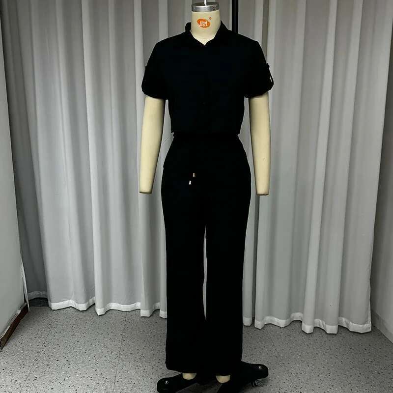 Wefads Two Piece Women Summer Casual Solid Lapel Single Breasted Button Short Sleeve Top With Belt Wide Legs Pants Set