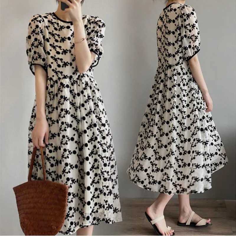 Fashion Summer Maternity Puff Sleeve Loose Chiffon A-line Dress High Waist O-Neck Pregnant Woman Lightweight Ball Gown DressT250311