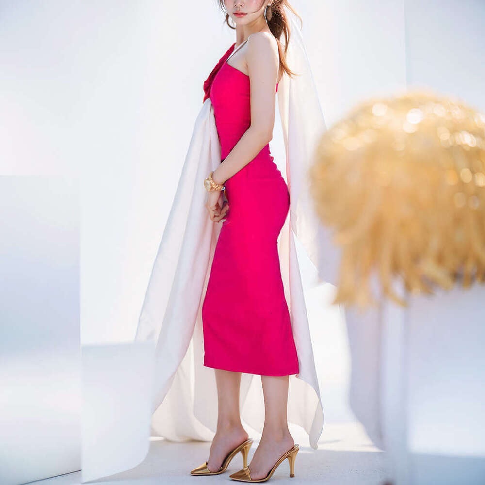 Women's New Style Temperament Personality Solid Color Slanted Shoulder Bag Hip Long Dress 661 KLMY
