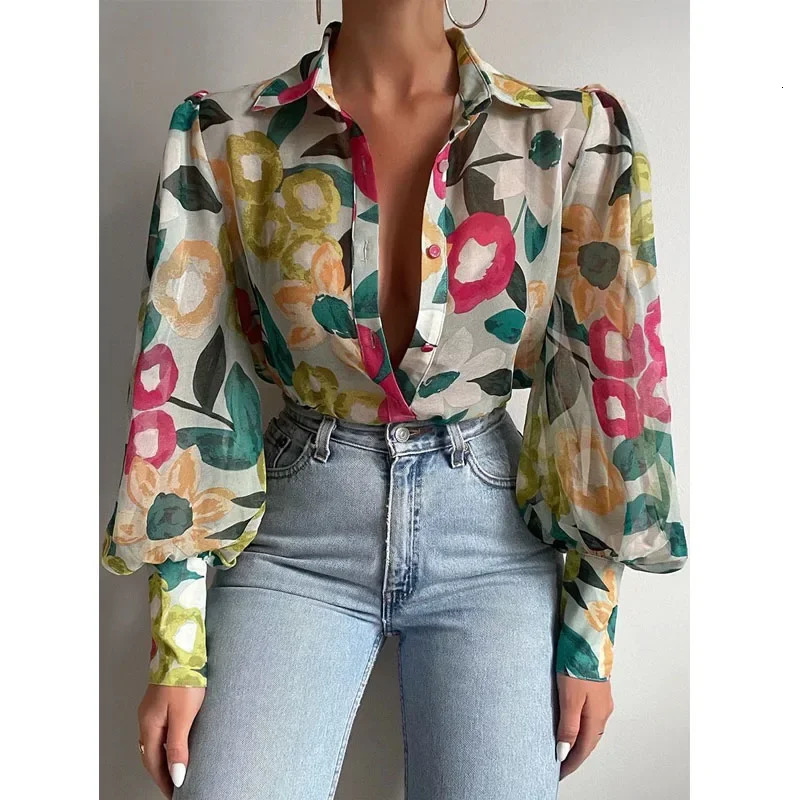 Fashion Lapel Lantern Sleeve Blouses Spring Office Lady Vintage Floral Print Shirts Tops Button Up Long Shirt 21620 250310