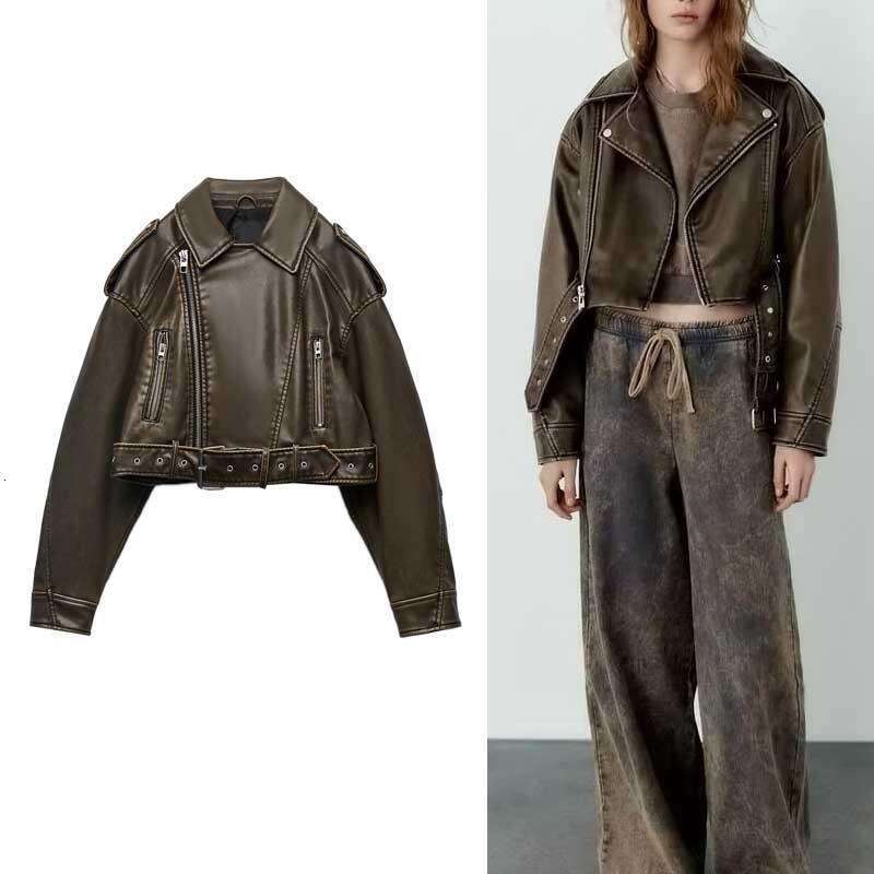 2023 Early Spring New Style Short Sleeved Lapel PU Washed Gradient Leather Versatile Jacket For Women