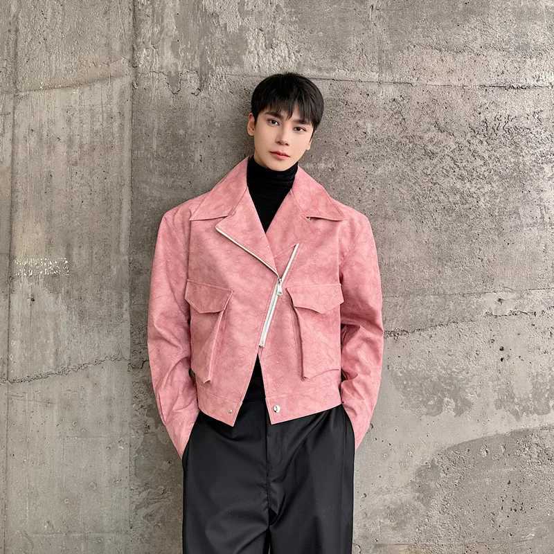 New Mens Short PU Leather Jackets Matte Tie-dyed Fashion Motorcycle Coat Hip Hop Streetwear Clothes Man Green PinkT250311