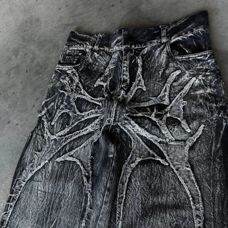 Gothic retro oversized pocket set unisex mop pants Y2K phantom jeans high street spider y patch hiphop streetwear 250311