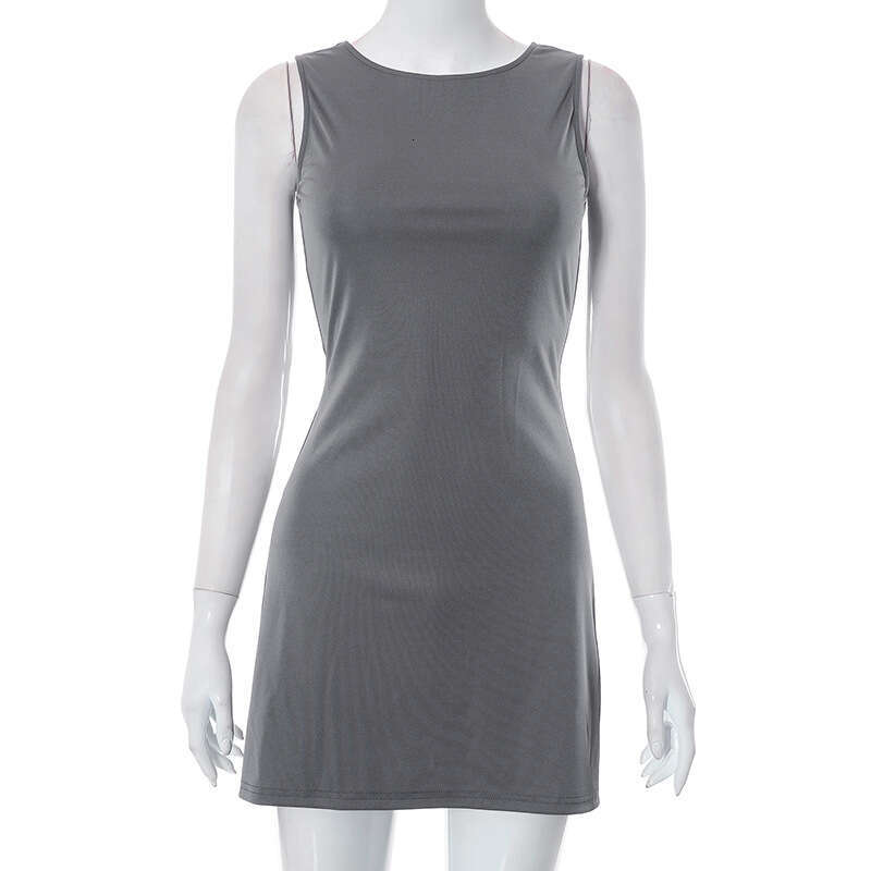 Y23DS138 European American women's summer ins new solid color round neck sleeveless patchwork hip hing casual dress for women in 2025, with a uni