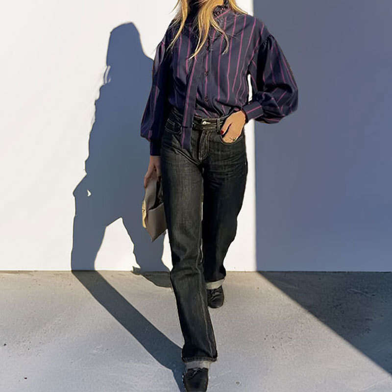 Spring 2025 New Women's Clothing Style Lantern Sleeves Striped Lace Up French Shirt Top For Women KLMY