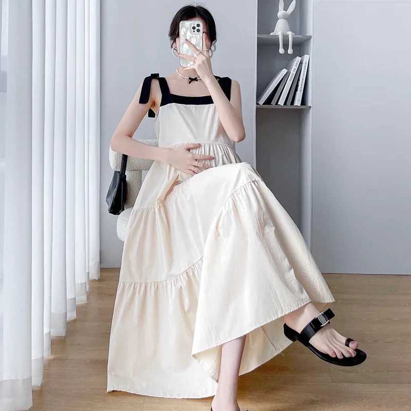 Summer Sweet Pregnant Women Dress Backless Square Collar Sleeveless Maternity Strap Dress Long Loose Pregnancy Beach Dress LooseT250311