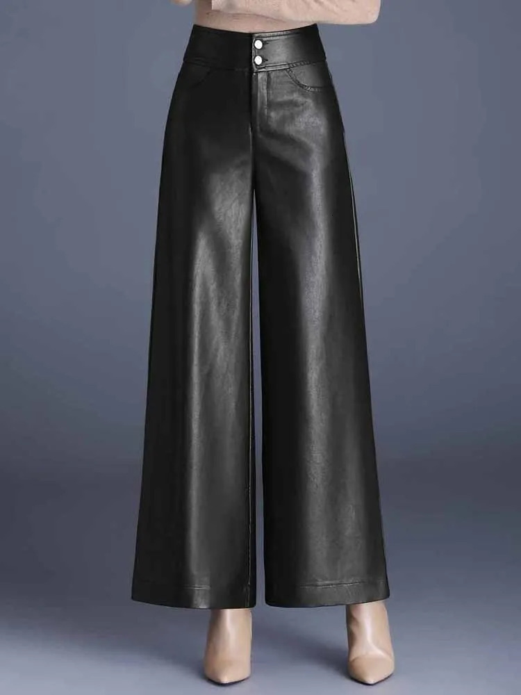 ZUZK High Quality Women PU Leather Wed Leg Pants Autumn Winter Fashion Warm Long Leather Pants Elegant LeatherTrousers 250305