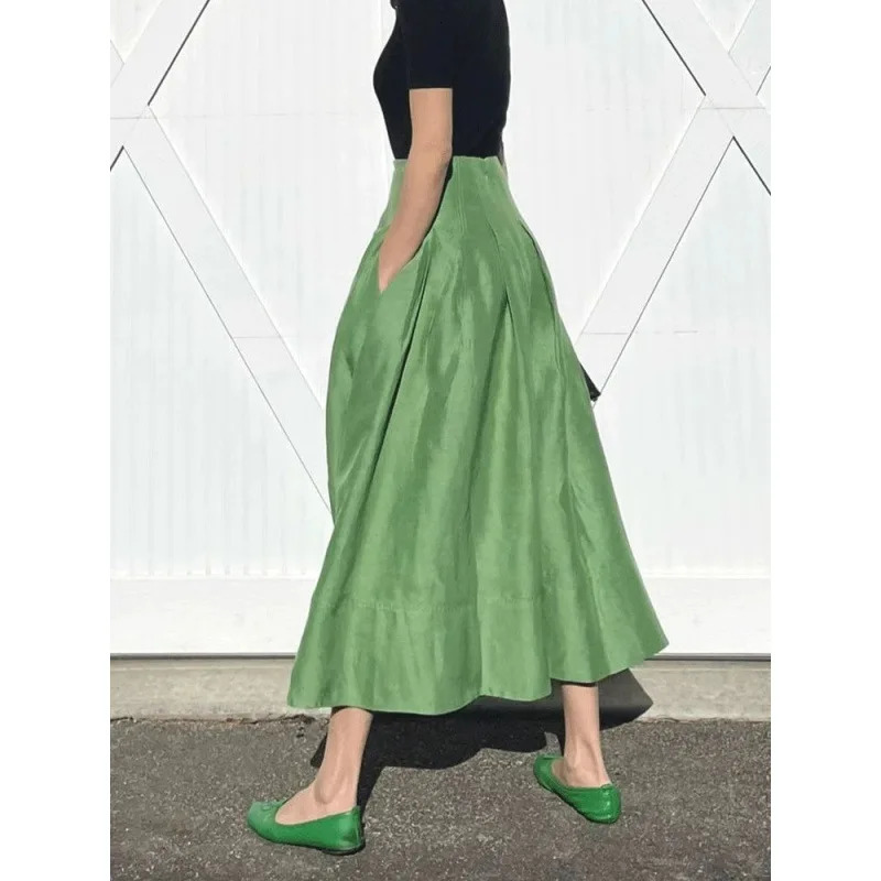 French elegant retro green umbrella skirt temperament highwaisted slim fluffy ladies half 250311