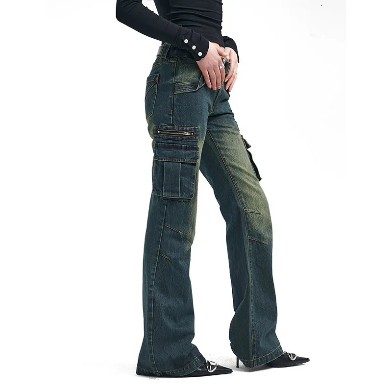 Womens blue bagged cargo jeans Harajuku Y2k 90s aesthetic high waisted Trouser 2000s oversized vintage clothing 250311