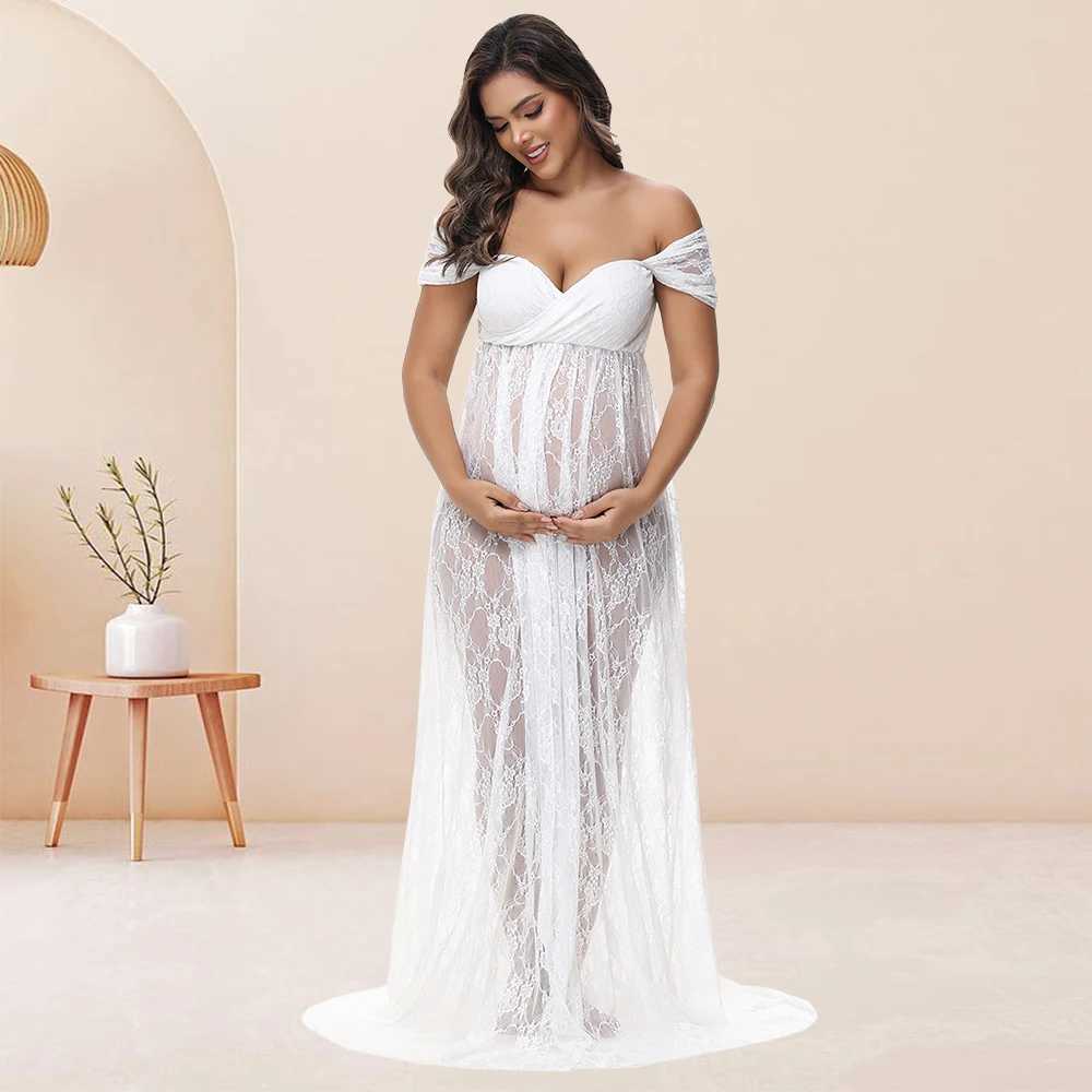 Maternity Lace Sexy Long Dress Off-Shoulder High Waist Slit For PhotoShoot Baby Shower Pregnancy Women Bohemian GownT250311