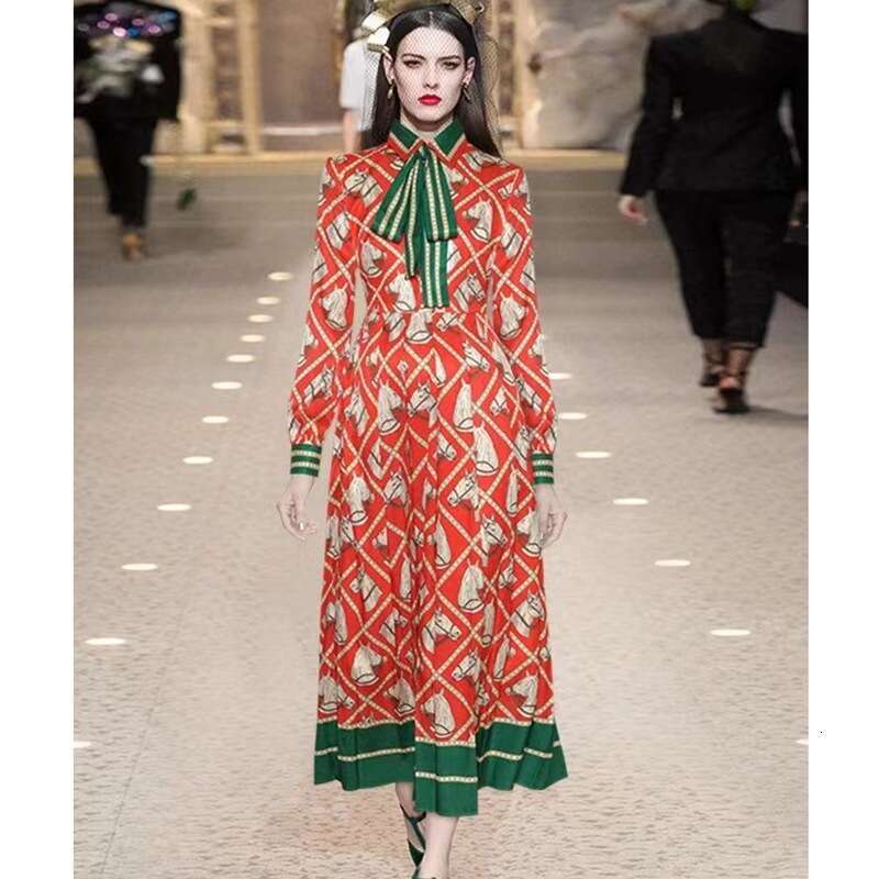 New Horse Head Printed Long Skirt With Elegant Temperament, Contrasting Butterfly Collar Dress For Women