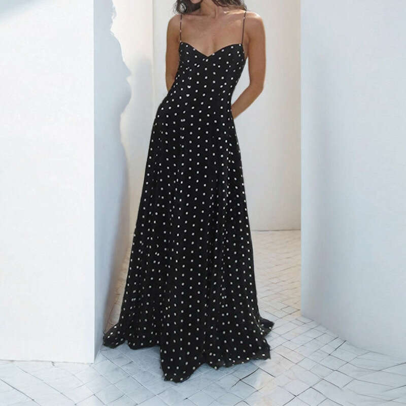 2025 Spring Women's Elegant And Casual Dot Printed Shoulder Strap Party Dress KLMY