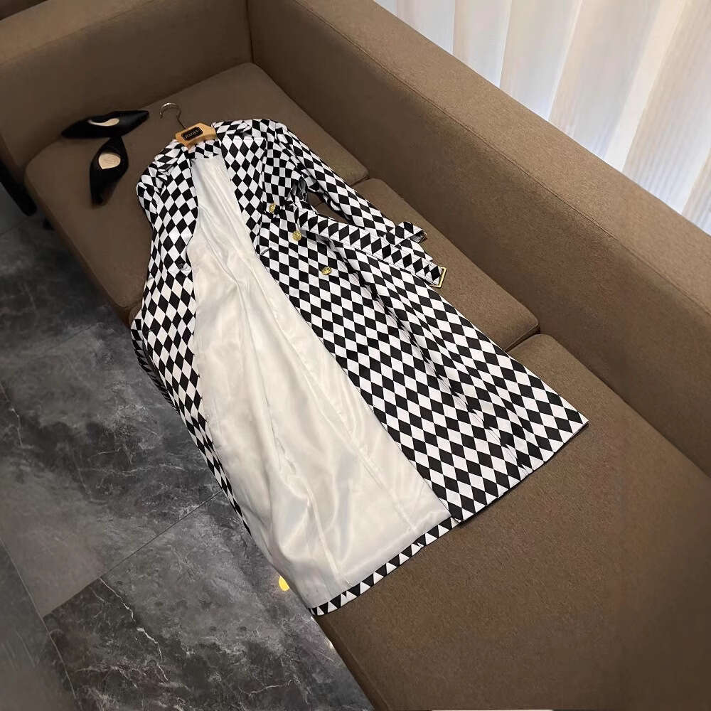 Autumn Winter New Fashionable Socialite Black And White Extra Set Diamond Grid Belt Extended Trench Coat