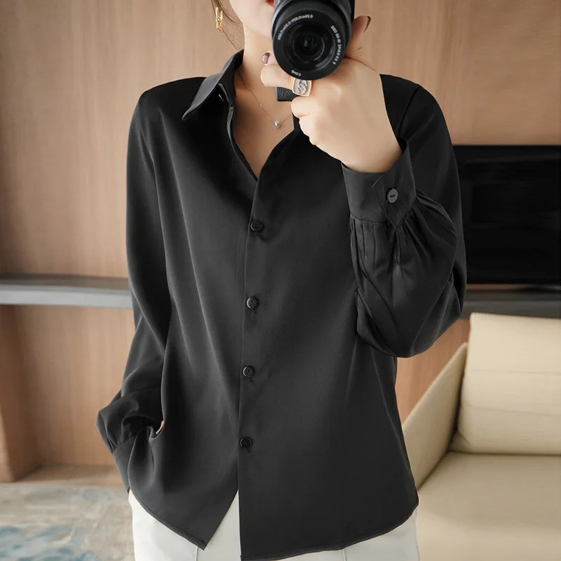 Satin long sleeved womens shirt loose thin artificial silk office top acetate solid color lapel 250311