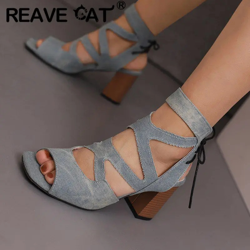 REAVE CAT Fashion Female Sandals Toe Block High Heels 7.5cm Ankle Strap Lace Up Size 48 49 50 Sexy Daily Women Shoes 250305