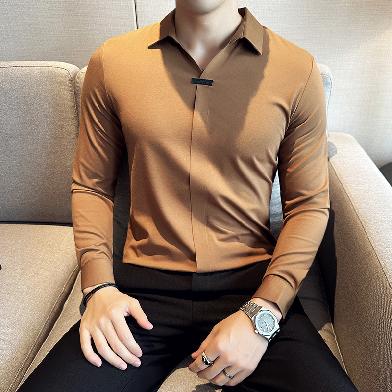 Seamless long sleeved polo for business and casual trend, V-neck shirt collar, khaki T-shirt, high-end men's clothing tracksuit