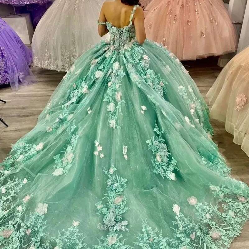 Mint Green Quinceanera Ball Gown Off The Shoulder Tulle Lace ral Sweet 16 Dresses 15 Mexican Customized al0311