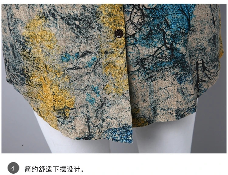 #0130 Long Sleeve Shirt Women Tie Dye Floral Print Cotton Linen Ladies Slim Casual Vintage Single Breasted 250311