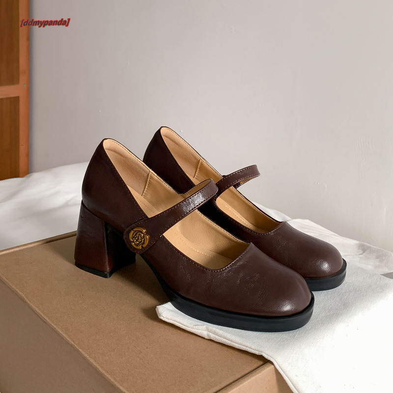French High Heels Mary Jane 2024 Spring Edition Camellia Shallow Mouth Square Head Thick Heel Brown Single Shoes for Women ddmypanda