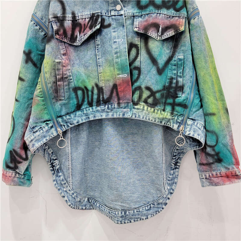 Street Hong Kong Style Silhouette, Short Front, Long Back, Graffiti, Plus Size, Loose, Irregular Denim Jacket, Women's Jacket