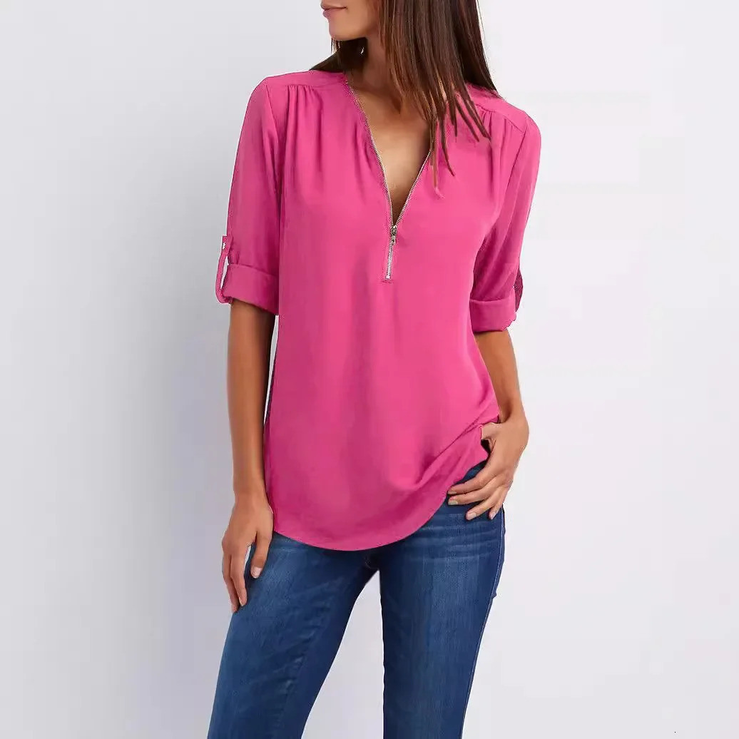 Quality Sale Plus Size Deep V Neck Women Blouse Chiffon Cool Loose Shirt Fashion Casual Ladies Tops Sexy Zipper Pullover 250311