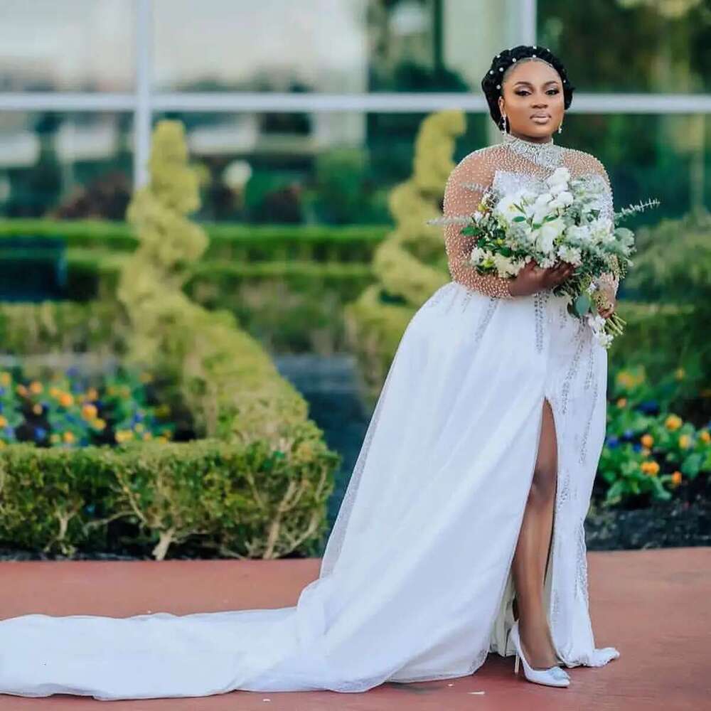 The High Neck Mermaid Dresses Female Plus Size Pearls Full Sleeve Beaded Lace Layered Ruffled Wedding Dress