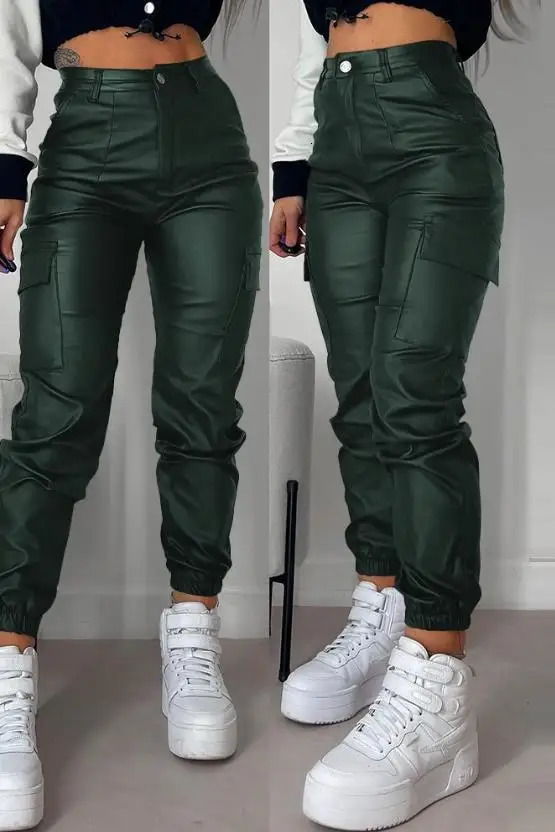 Womens Cargo Pants 2023 Fashion Street Trends Pocket n Cuffed Y2k Tight PU Leather Trousers Autumn High Waist Pant Female 250305