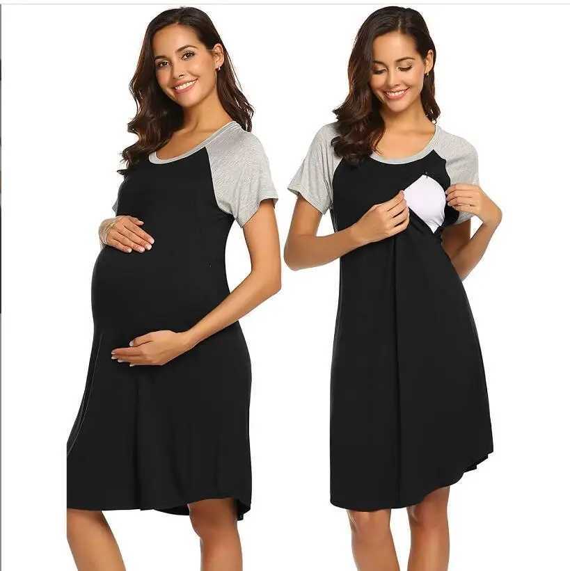 Autumn Summer Nursing Color blocking Breastfeeding Dress Nightgown Women Maternity Hospital Gown Breastfeeding Sleepwear DressesT250311