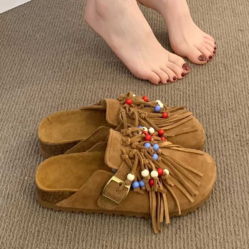 Designer Women Mules Shoes Flats Suede Womens Sandals Fringes 2025 Summer Fi Slippers Walking Dress Cozy Womens SandalsXJ250311