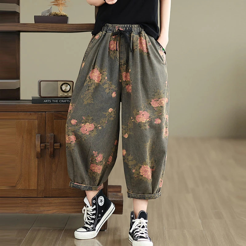 Womens Summer Casual Jeans Arrival Retro Style Flower Printed Loose and Comfortable Cowboy Harem Pants S010 250311