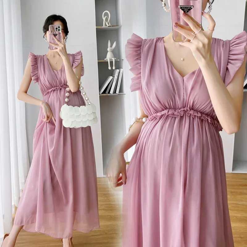2806# Summer Maternity Photography Dress Elegant Ruffle V Neck High Waist Slim Clothes for Pregnant Women Sexy Hot PregnancyT250311