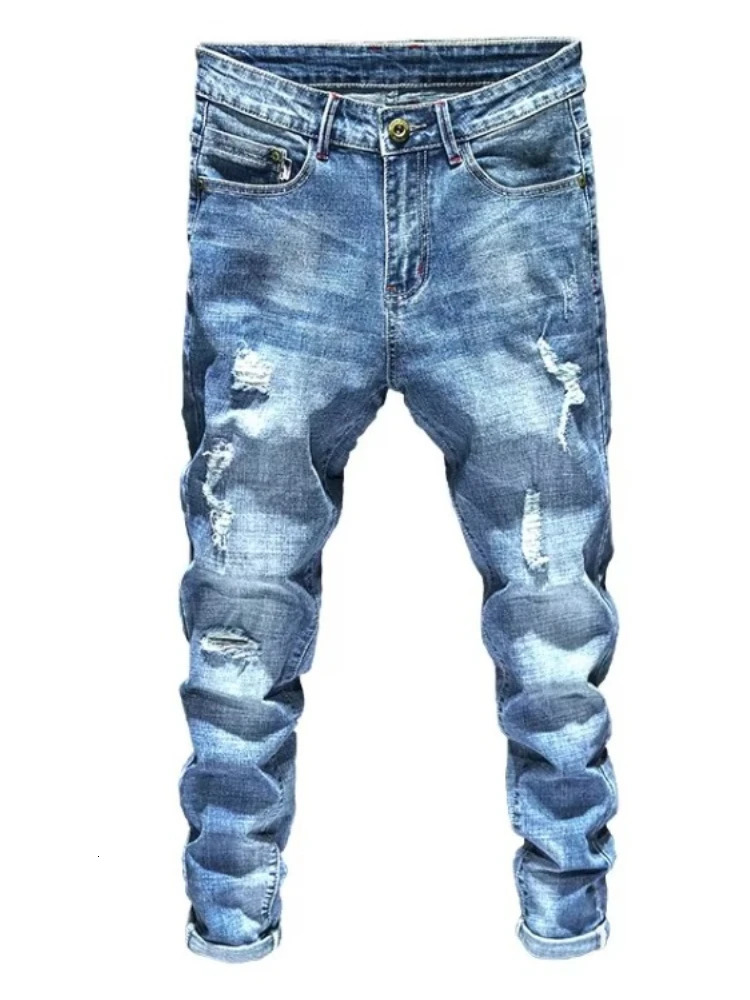 Mens Stretch Skinny Ripped Jeans Distressed Blue Denim Pants Fashion Streetwear Personality Hip Hop Trousers Male Trendy 250311