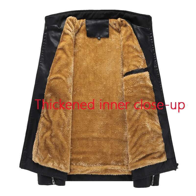 Men's Standing Collar Multi Pocket Jacket With Thickened PU Leather Work Outdoor Motorcycle Riding Clothes