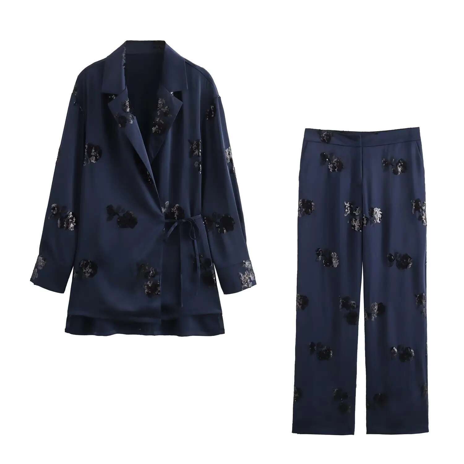 2024 Zar4 Summer New Women's Fashion Style To One Fabric Sequin Satin Kimono Coat Casual Pants