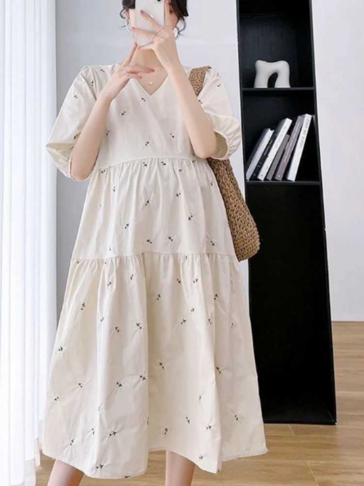 2023 Summer Korean Fashion Maternity Long Dress Elegant Party A Line Short SleeveClothes for Pregnant Women Ins PregnancyT250311