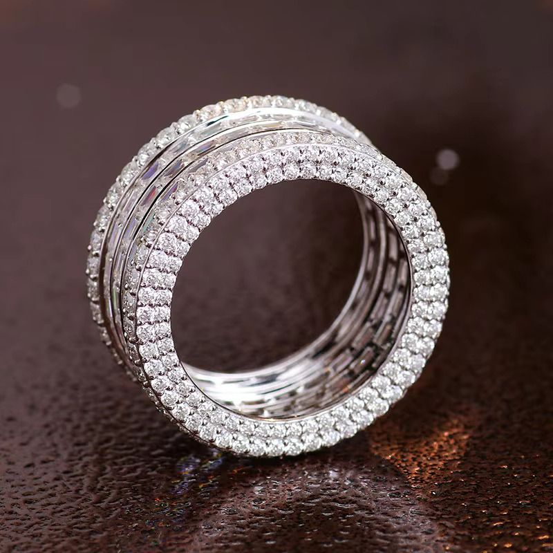 925Silver Men Moissanite Band With D Color VVS Three Rows Stone Ice Out Round Brilliant Cut Loose Diamond Hip Hop Ring Custom