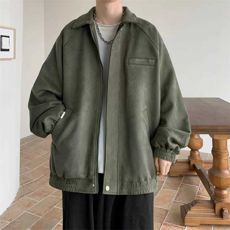 American Retro Lapel Suede Bomber Jackets Mens Spring Casual Loose Zipper Cargo Jacket High Street Fashion Y2K Cardigan CoatsT250311