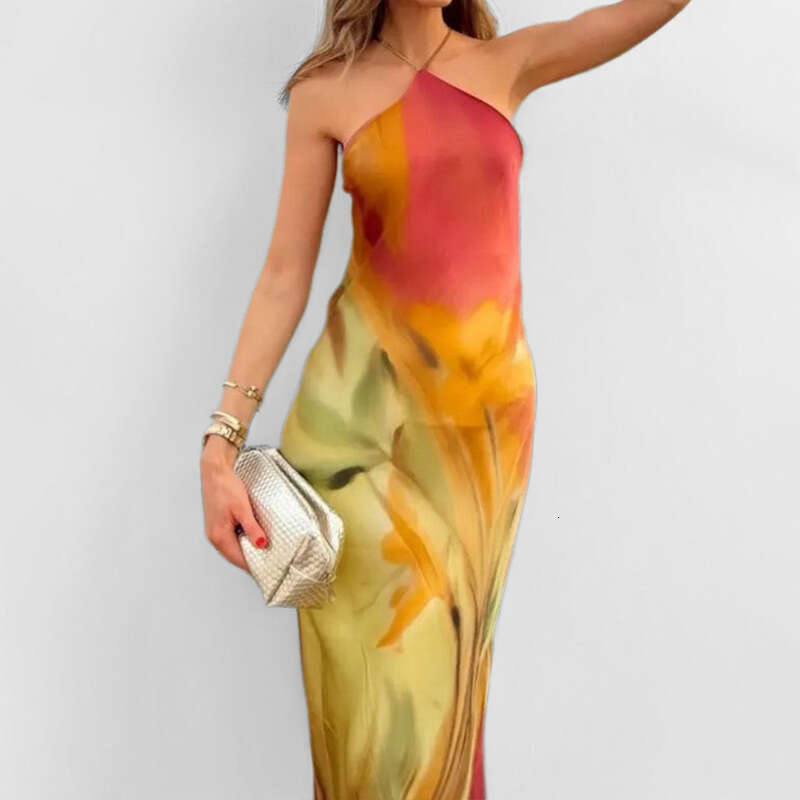 2025 Spring Women's New Product Fashionable And Elegant Printed Neck Hanging Dress KLMY