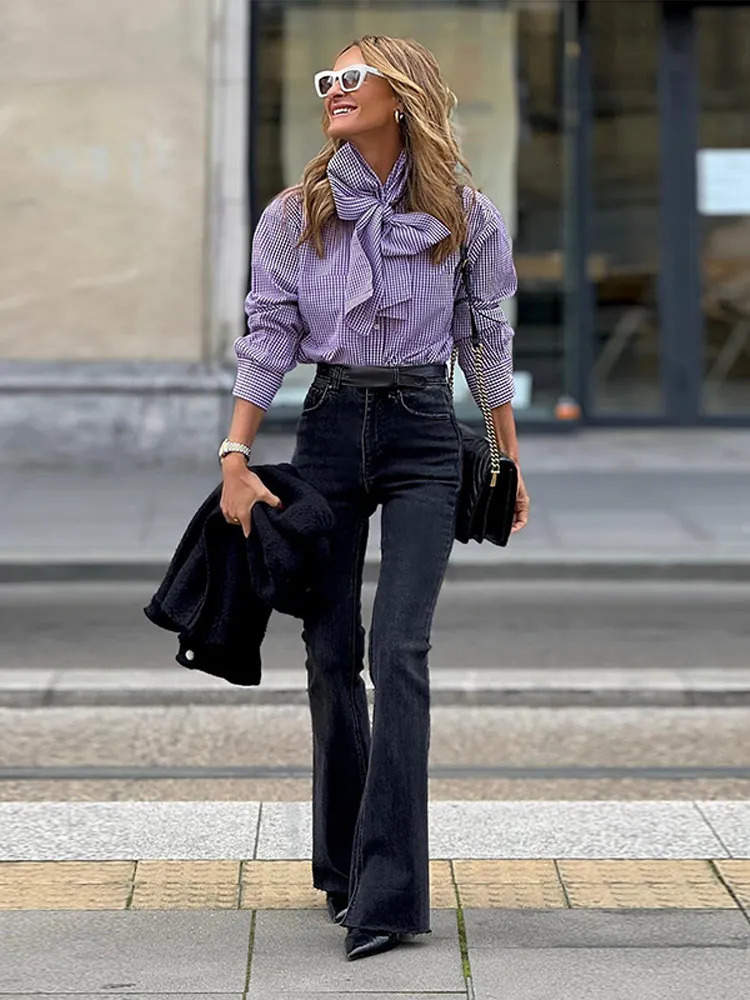 Vintage Plaid Bow Lace Up Collar Shirts Elegant Single Breasted Buttons Full Sleeves Pockets Blouse Women Spring Street Top 250311