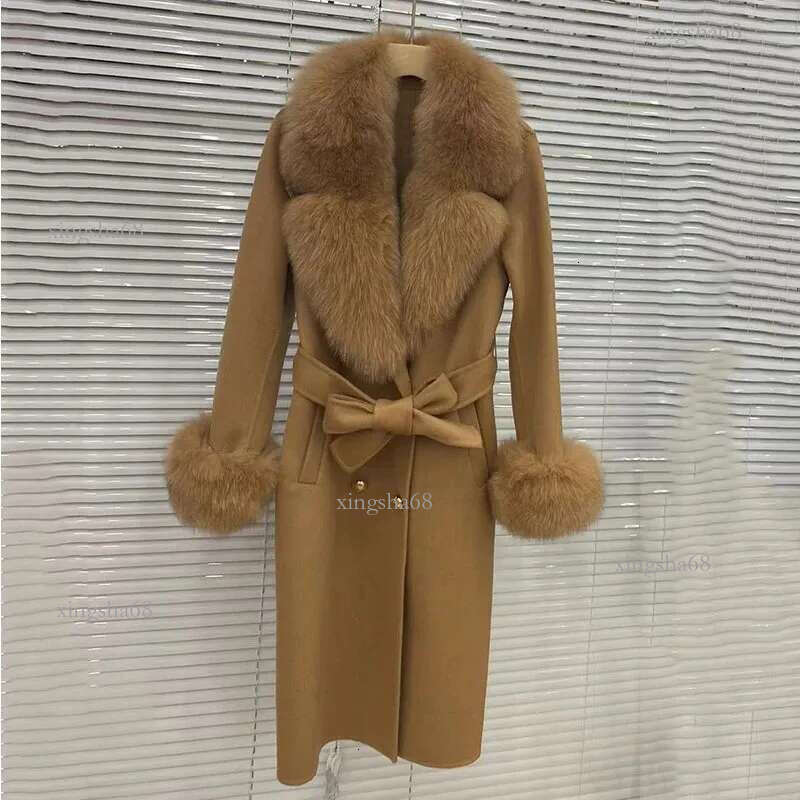 2023 Long Women Wool Cashmere Blended Coat With Big Real Fur Collar Fashion Winter Jacket Double Breasted Belt Outwear Cuff 24