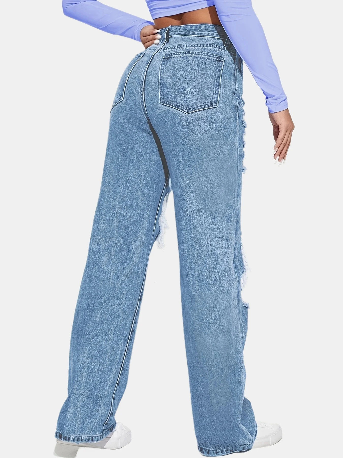 Blue high waisted straight jeans ripped holes loose fitting womens denim and clothing 250311