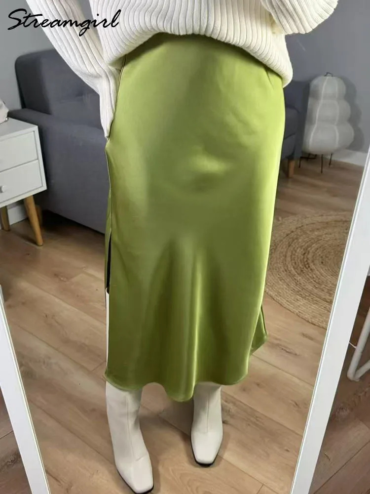 y Black Satin Midi Skirt Summer Women Elegant A Line Formal Lady Office Silk Skirts With Slit Green For 250311