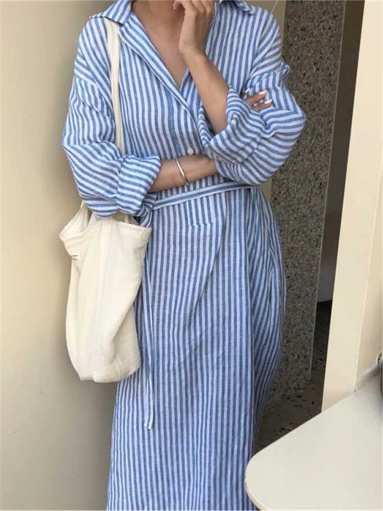 Colorfaith DR2268 2023 New Striped Lace Up Cotton and Linen Shirt Dress Spring Summer Women Korean Fashion Chic Long DressesT250311
