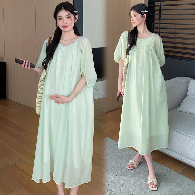 French Style Lantern Sleeves Pregnant Women Dress Button Fly Plus Size Maternity Beach Dress Long Loose Pregnancy Holiday DressT250311