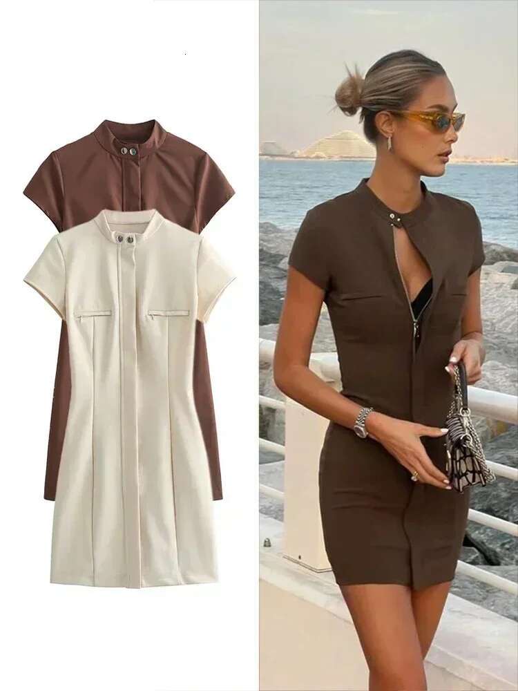 Women Fashion Zip Solid Colour Patch Pocket Hollow Elegant Slim Hip With Stand-Up Collar Short Sleeve Mini Dress