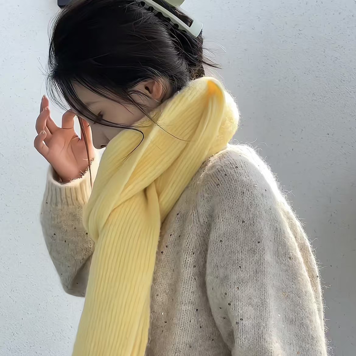 K094 Korean version solid color soft waxy knitted scarf for women 2025 new versatile warm and cold-proof woolen shawl neck scarf internet celebrity