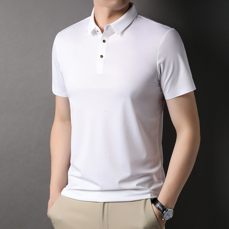 Ice silk short sleeved polo shirt, business casual formal wear, no iron high-end pure color high elasticity t-shirt, men's light luxury tracksuit