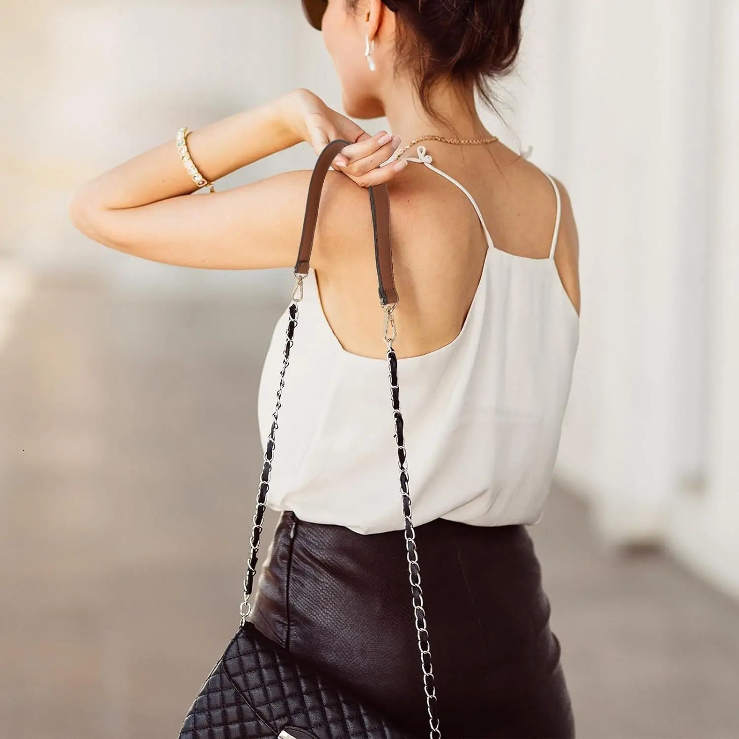 Shoulder bag black leather wallet shoulder strap handle 19 inch alternative with sliding buckle 250311