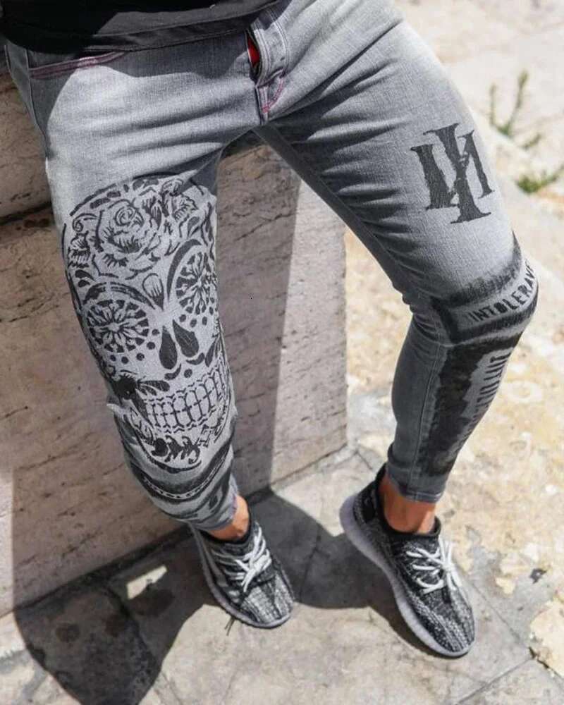 2025 Fashion Designer Summer New Jeans Men s Stretch Casual Slim Fit Grey Printed Pencil Pants Tight Outdoor Casual Pants Straight Leg Pants
