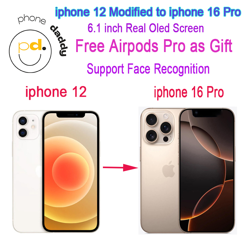 Unlocked Apple iPhone 12 converted to iphone 16 Pro cellphone Real IOS show"iphone 16 pro"in settings 4GB RAM 64GB/128GB/256GB ROM Support Face Recognition